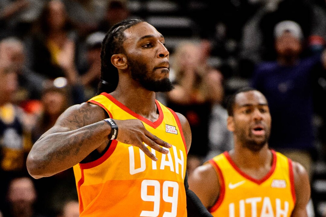 (Trent Nelson | The Salt Lake Tribune)  Utah Jazz forward Jae Crowder (99) celebrates a three-point shot. Utah Jazz vs. Boston Celtics, NBA basketball in Salt Lake City on Friday Nov. 9, 2018.