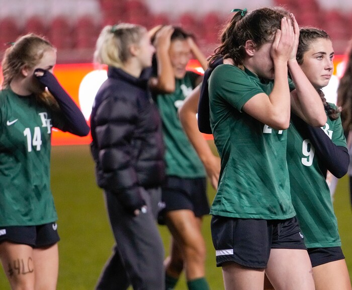 (Leah Hogsten | The Salt Lake Tribune)  RHSM's reacts to the loss. Waterford School defeated Rowland Hall-St. Marks High School, 4-3 to win the 2A State Soccer Championship game Oct. 23, 2021 at Rio Tinto Stadium.