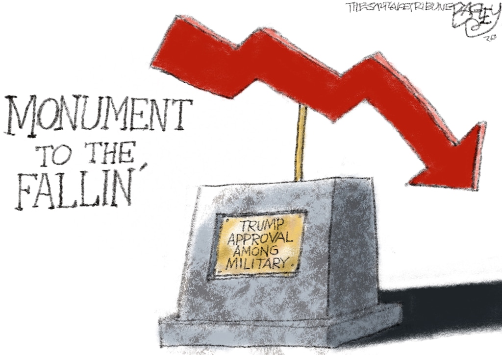 "Monument to the Fallin,'" which shows a red arrow pointed downwards and a plaque that says, "Trump approval among military."