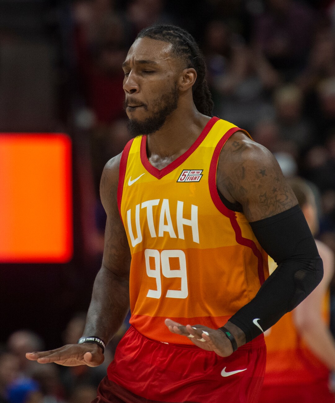 (Rick Egan  |  The Salt Lake Tribune)    Utah Jazz forward Jae Crowder (99) reacts after sinking a 3-point shot, in NBA action between Utah Jazz and Golden State Warriors, in Salt Lake City, Wednesday, Dec. 19, 2018.