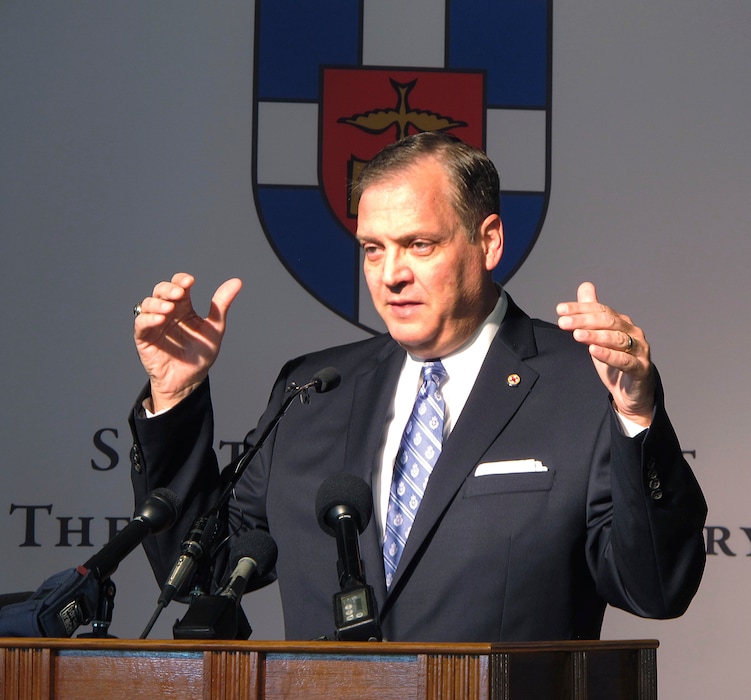 (Bruce Schreiner, AP file photo) In this Monday, Oct. 5, 2015, file photo, the Rev. R. Albert Mohler Jr., president of Southern Baptist Theological Seminary, speaks to reporters.