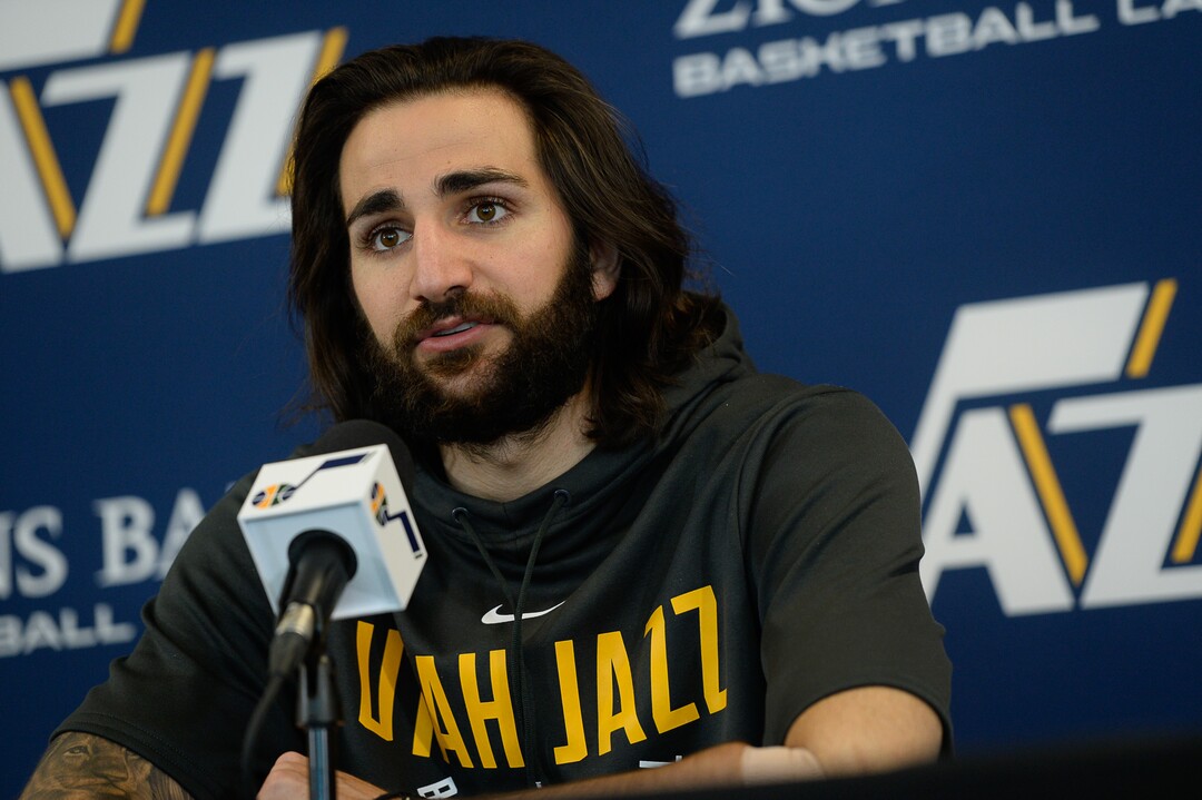 (Francisco Kjolseth  |  The Salt Lake Tribune)  Utah Jazz      guard Ricky Rubio speaks with the media during exit interviews at their practice facility in Salt Lake City Wed., May 8, 2018, after losing to the Houston Rockets in game 5 of their Western Conference Semifinals during the 2018 NBA Playoffs.