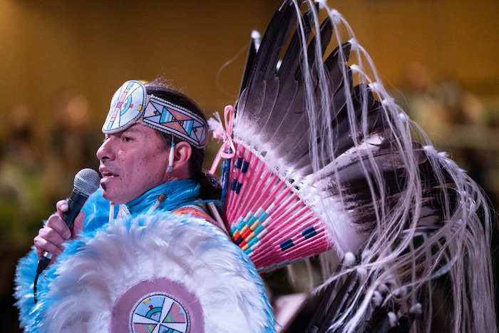 (Francisco Kjolseth | The Salt Lake Tribune) Christian Parrish Takes the Gun, known professionally as Supaman, speaks words of wisdom as he performs for the 15th Annual Governor’s Native American Summit held on the Utah Valley University campus on Friday, Aug. 6, 2021.