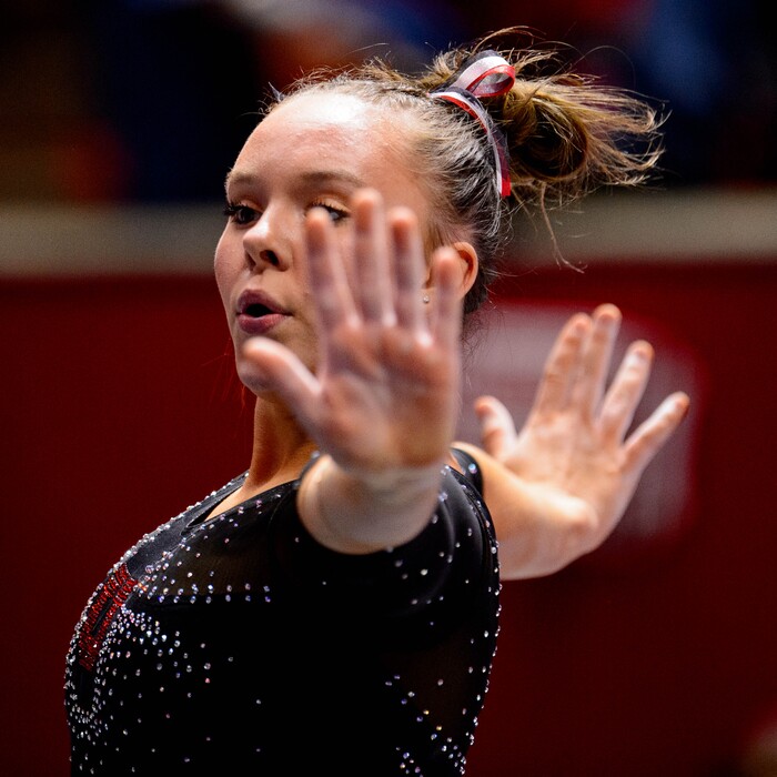 (Trent Nelson  |  The Salt Lake Tribune) Maile O'keefe on the floor as the University of Utah hosts Arizona State, NCAA gymnastics in Salt Lake City on Friday, Jan. 24, 2020.