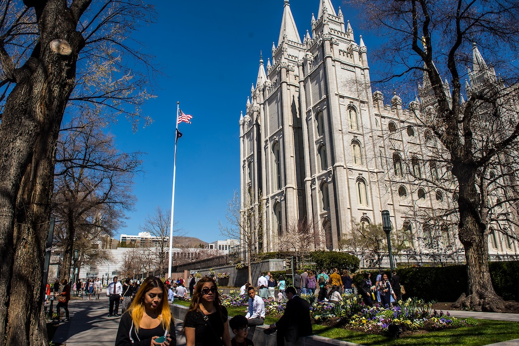 (Chris Detrick  |  The Salt Lake Tribune) Mormons walk around Temple Square before the afternoon session of the 186th LDS General Conference at the Conference Center in Salt Lake City Saturday April 2, 2016.