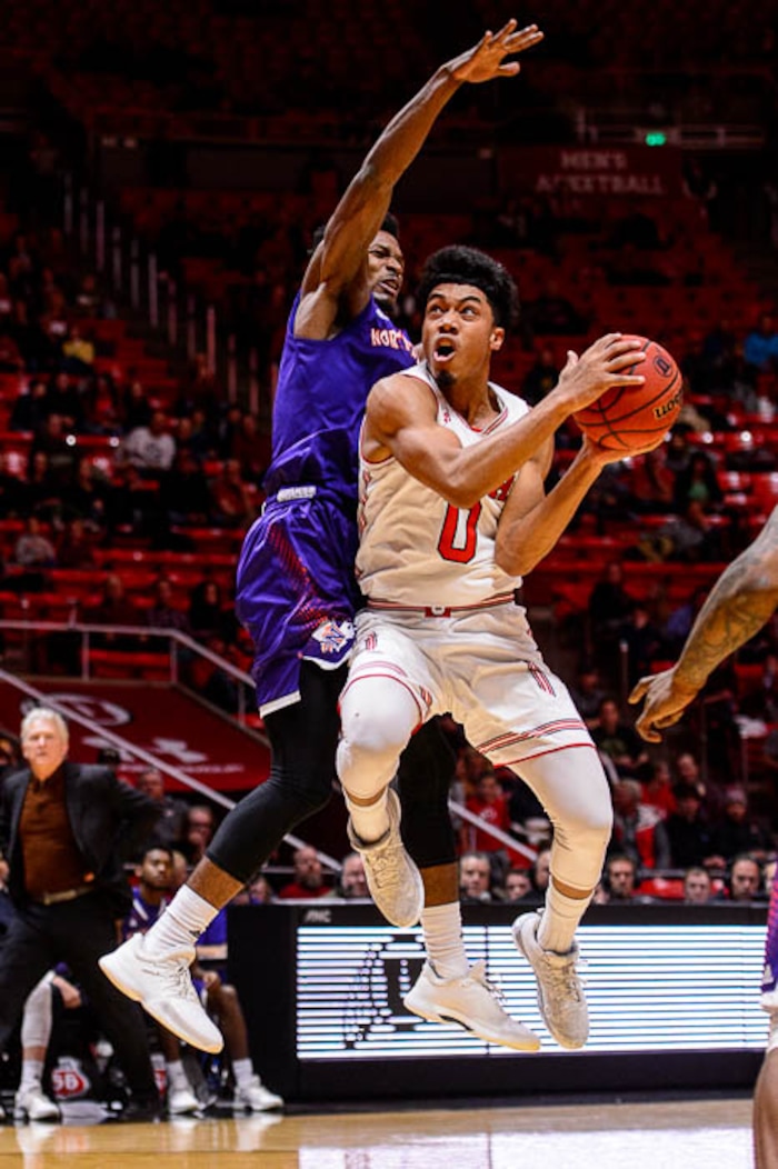 (Trent Nelson | The Salt Lake Tribune)  Utah Utes guard Sedrick Barefield (0) defended by Northwestern State Demons guard Iziahiah Sweeney (1) as the University of Utah hosts Northwestern State, NCAA basketball in Salt Lake City, Wednesday December 20, 2017.
