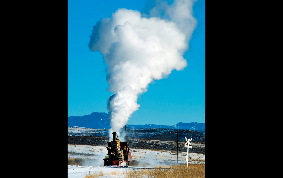 (Rick Egan | The Salt Lake Tribune) The 119 Steam Engine chugs down the track at the Golden Spike National Historical Park during one of the winter steam locomotive demonstrations, on Tuesday, Dec. 29, 2020.