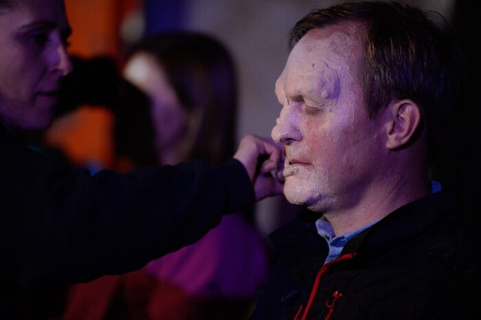 (Francisco Kjolseth  |  The Salt Lake Tribune)  Salt Lake County Mayor Ben McAdams is transformed by makeup artist Stephanie Withers as local politicians fall prey to the zombie apocalypse at the Fear Factory on Thursday, Oct. 12, 2017, for a special event to raise awareness of the Utah Food Bank and kick start donations.