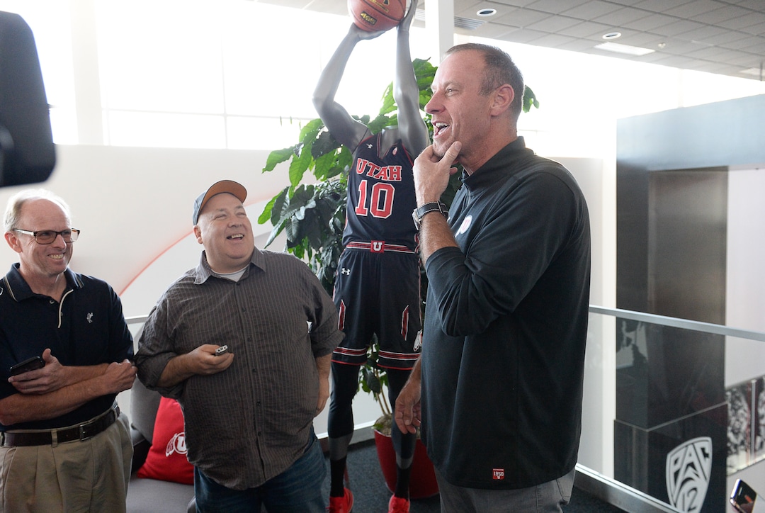(Francisco Kjolseth  |  The Salt Lake Tribune)  Utah basketball coach Larry Krystkowiak jokes around with the press during media day at the Ute basketball practice facility on Wed. Sept. 26, 2018.