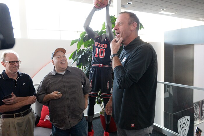 (Francisco Kjolseth  |  The Salt Lake Tribune)  Utah basketball coach Larry Krystkowiak jokes around with the press during media day at the Ute basketball practice facility on Wed. Sept. 26, 2018.