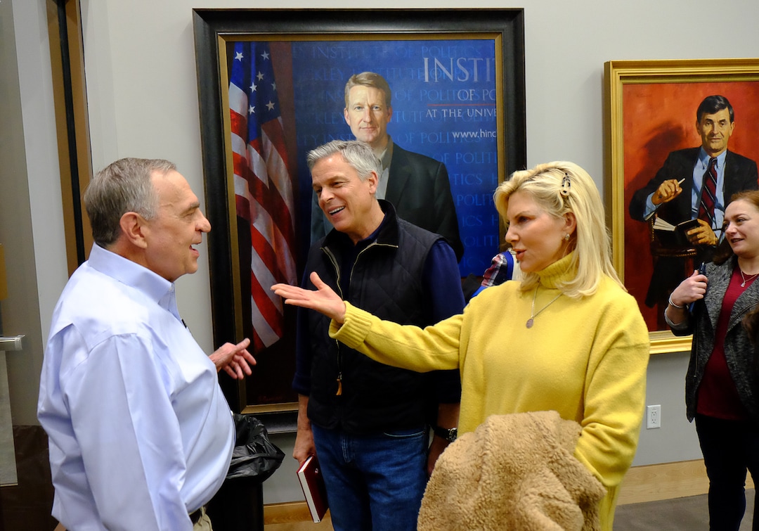 (Francisco Kjolseth  |  The Salt Lake Tribune)  Dave Buhler, Commissioner of Higher Education, left, is greeted by former Governor Jon Huntsman and his wife Mary Kaye following a conversation at the Hinckley Institute of Politics on the University of Utah campus on Thursday, Dec. 5, 2019, to discuss his long career in public service spanning from Utah's Governor's Mansion to Chinese and Russian ambassadorships and examine the increasing significance Utah plays in our globalized world.