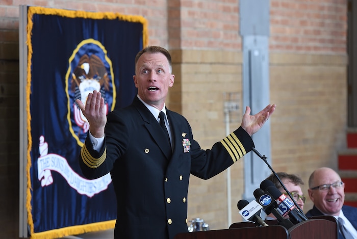 (Francisco Kjolseth  |  The Salt Lake Tribune)  Capt. Mark Springer, USN, commanding officer and professor of Naval Science at the University of Utah makes a few remarks during a ceremony to mark the return of the bell from the USS Utah to the Naval Science building to the university. The USS Utah, one of the first ships lost during the attack on Pearl Harbor on Dec. 7, 1941. 