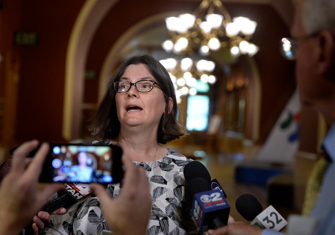 (Scott Sommerdorf   |  The Salt Lake Tribune)   Karra Porter, attorney for Nurse Alex Wubbels, comments about the document provided by the Mayor's office that described the findings that were laid out in that announcement. Salt Lake City Mayor Jackie Biskupski announces that findings have been made, and that they have been given to SLCPD Chief Mike Brown. He will now decide the fate of the two officers involved in the Nurse Wubbels arrest, Wednesday, September 13, 2017.