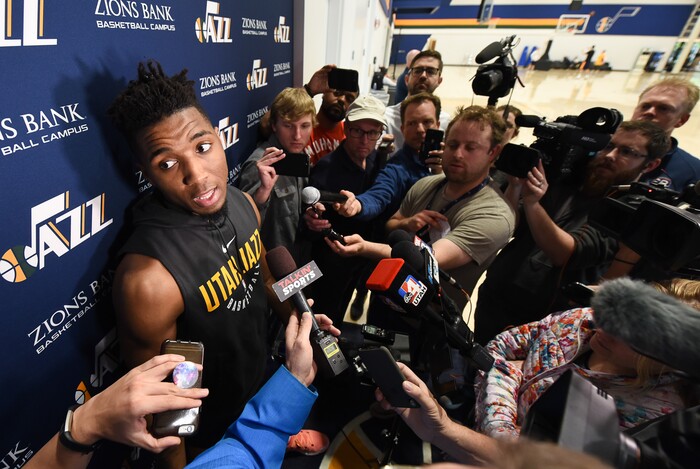 (Francisco Kjolseth  |  The Salt Lake Tribune)  Donovan Mitchell of the Utah Jazz speaks to the media following a long practice on Friday, April 20, 2018, ahead of Game 3 vs. Thunder on Saturday.
