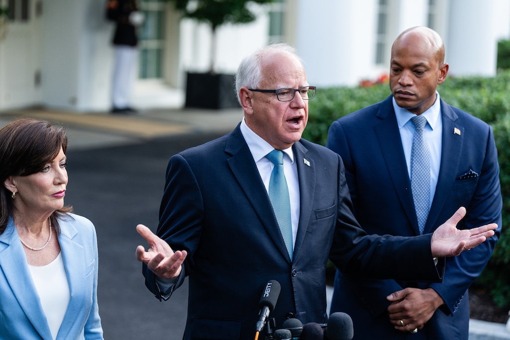 (Eric Lee | The New York Times) Minnesota Gov. Tim Walz speaks to reporters after meeting with President Joe Biden at the White House in Washington on July 3, 2024. Vice President Kamala Harris has selected Walz as her running mate.