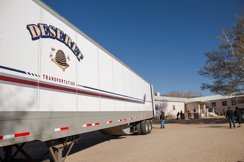 (Photo courtesy of The Church of Jesus Christ of Latter-day Saints)
One of two trucks from the Bishops' Central Storehouse in Utah arrives in New Mexico on Thursday, April 2, 2020. The donated food and supplies are for Navajo elders who live on the reservation.