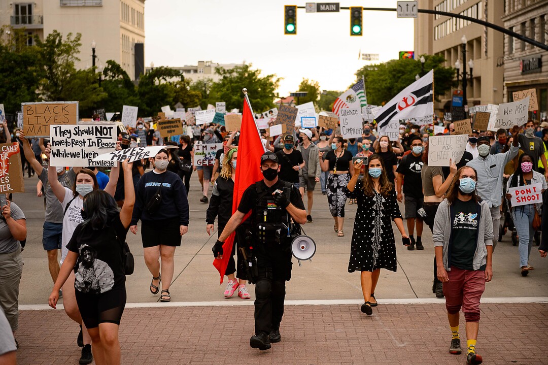 (Trent Nelson  |  The Salt Lake Tribune) People march against police brutality in Salt Lake City on Saturday, June 13, 2020.