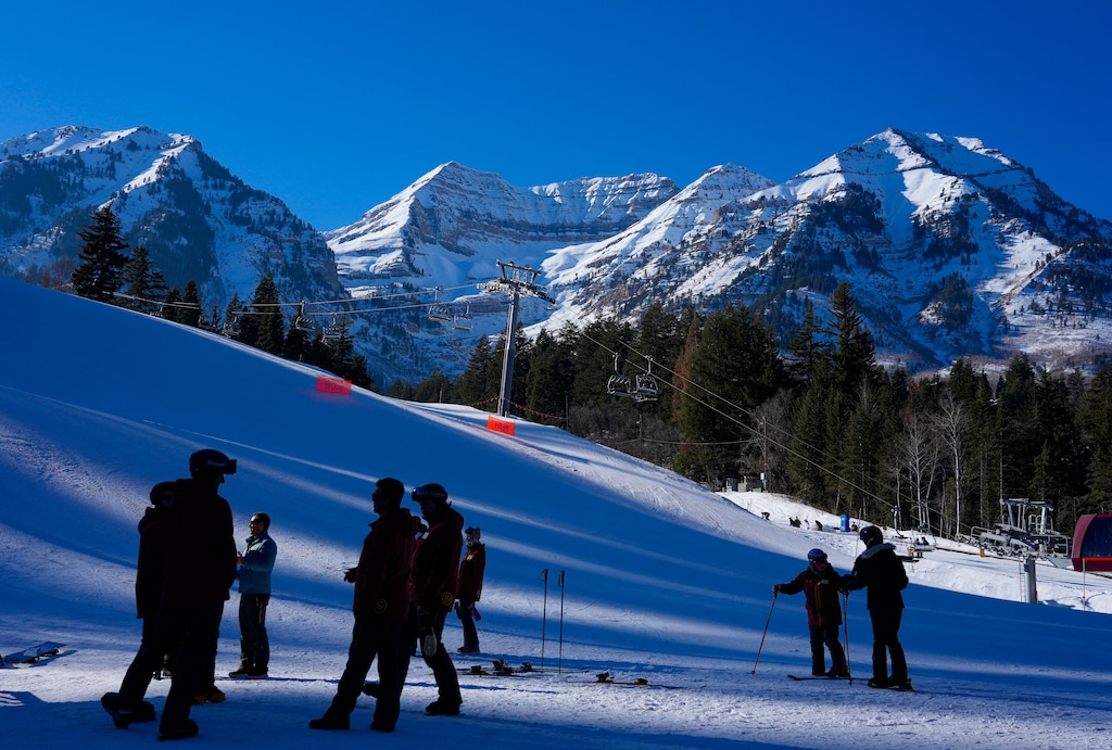 (Bethany Baker | The Salt Lake Tribune) Skiers and snowboarders gather at the bottom of a run at Sundance Mountain Resort near Provo on Thursday, Dec. 14, 2023. Under a new proposal, Utah's Military Installation Development Authority would help fund a new lodge at the resort.