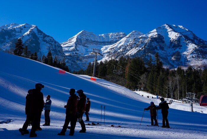 (Bethany Baker | The Salt Lake Tribune) Skiers and snowboarders gather at the bottom of a run at Sundance Resort near Provo on Thursday, Dec. 14, 2023.