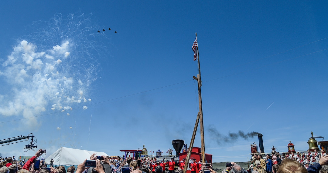 (Francisco Kjolseth  |  The Salt Lake Tribune)  The National Anthem plays, fireworks go off and a fly over is cheered by the crowd on Friday May 10, 2019, in celebration of the 150th anniversary of the completion of the transcontinental railroad at Promontory Summit where the two rails met back on May 10, 1869.