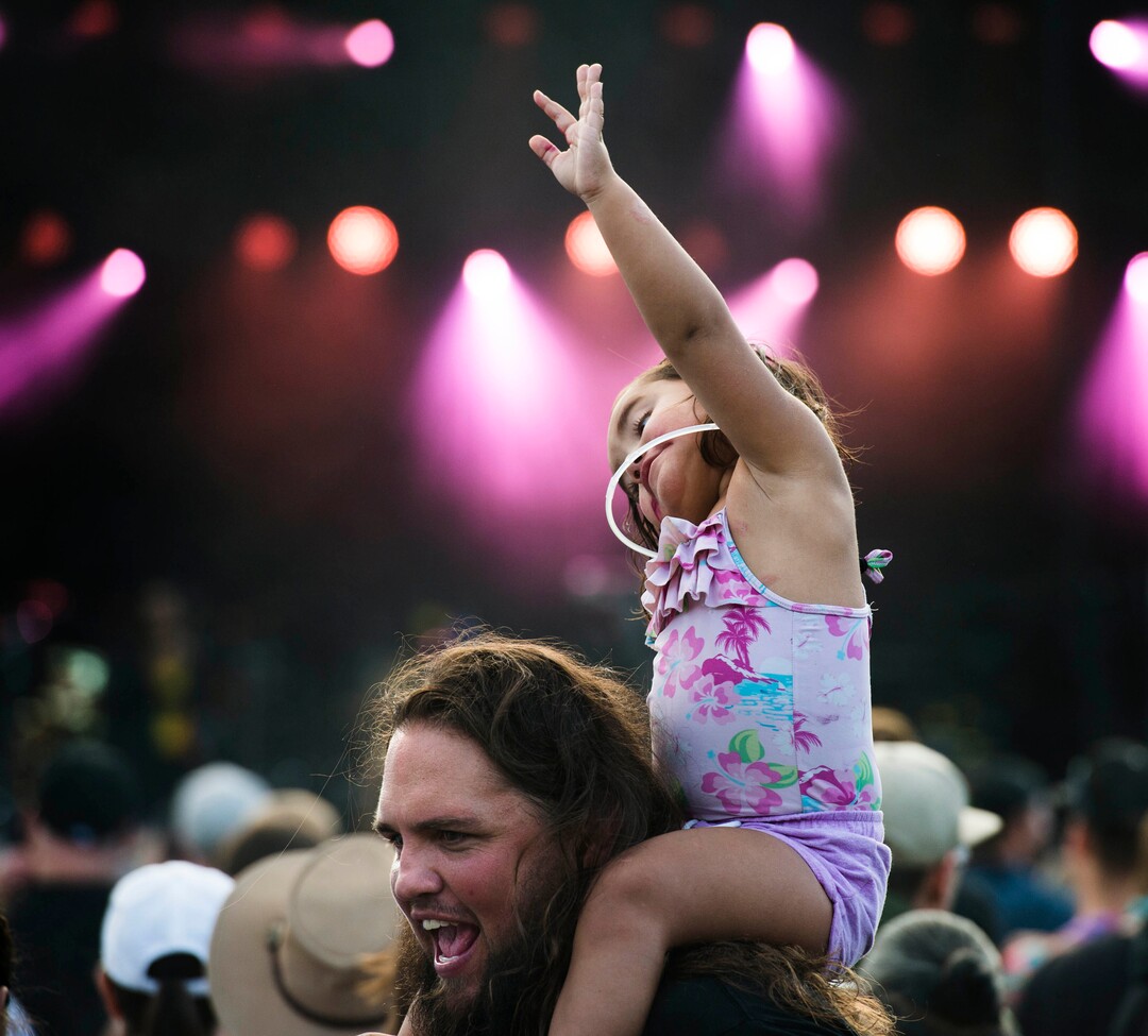 (Rick Egan  |  The Salt Lake Tribune)      Losa Rarick, 3, dances on the shoulders of her dad, Chase Rarick of Saratoga Springs, at the Reggae Rise Up Festival at the Rivers Edge in Heber City, Friday, Aug. 24, 2018.