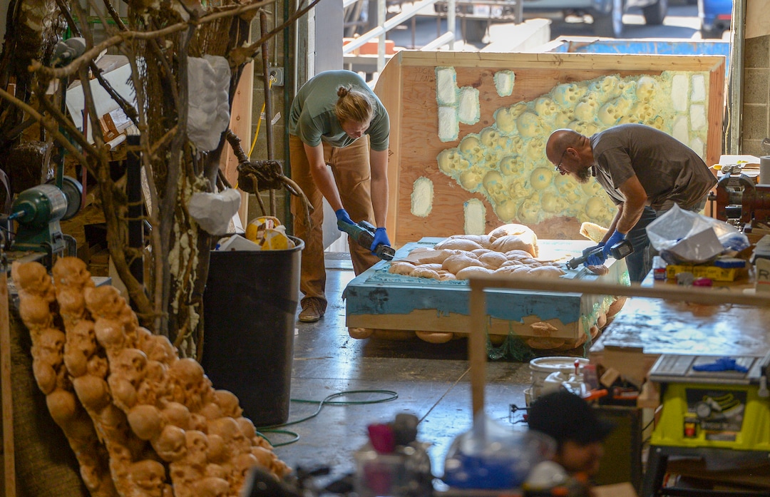 Leah Hogsten  |  The Salt Lake Tribune  Employees in the Evermore FX Shop studio work to bring life to slabs of skulls. Evermore, a theme park in Pleasant Grove with an old-Europe fantasy atmosphere is having a "soft opening" on Saturday, Sept. 22, and an official grand opening on Sept. 29, 2018. 