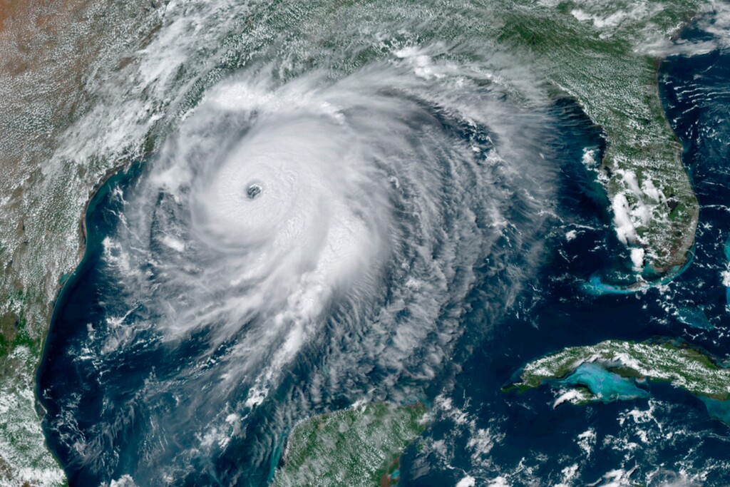 (NOAA via AP) This GOES-16 GeoColor satellite image taken Wednesday, Aug. 26, 2020, at 2:40 p.m. EDT., and provided by NOAA, shows Hurricane Laura over the Gulf of Mexico. Hurricane Laura strengthened Wednesday into “an extremely dangerous Category 4 hurricane," The National Hurricane Center said.