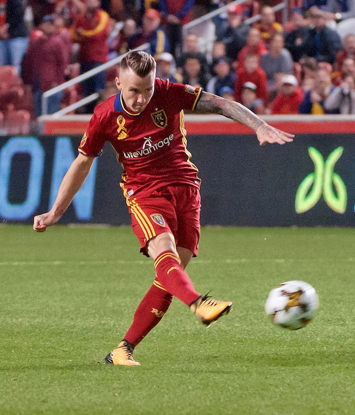 (Michael Mangum  |  Special to the Tribune)  Real Salt Lake midfielder Albert Rusnak (11) takes a shot during their MLS match against the Portland Timbers at Rio Tinto Stadium in Sandy, UT on Saturday, September 16, 2017. Rusnak scored with the shot.