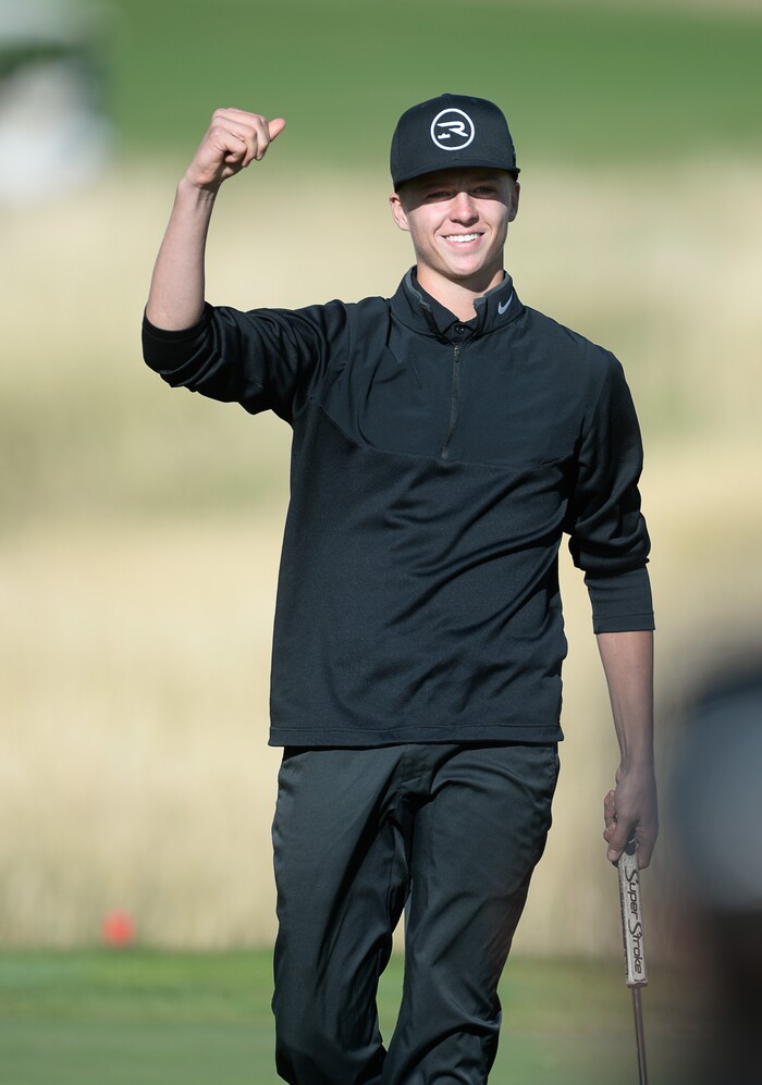 Francisco Kjolseth | The Salt Lake TribuneConnor Howe of Weber takes on Elijah Turner of Lone Peak in a tie breaker round before the win during the class 5A boys' golf championships at Soldier Hollow in Midway.