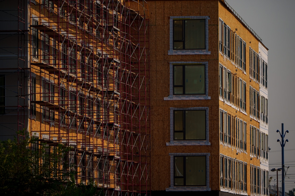 (Trent Nelson | The Salt Lake Tribune) Apartments under construction along North Temple in Salt Lake City. That west-side corridor has seen some of the highest number of new dwellings sought under the city's two-year-old affordable housing incentives.