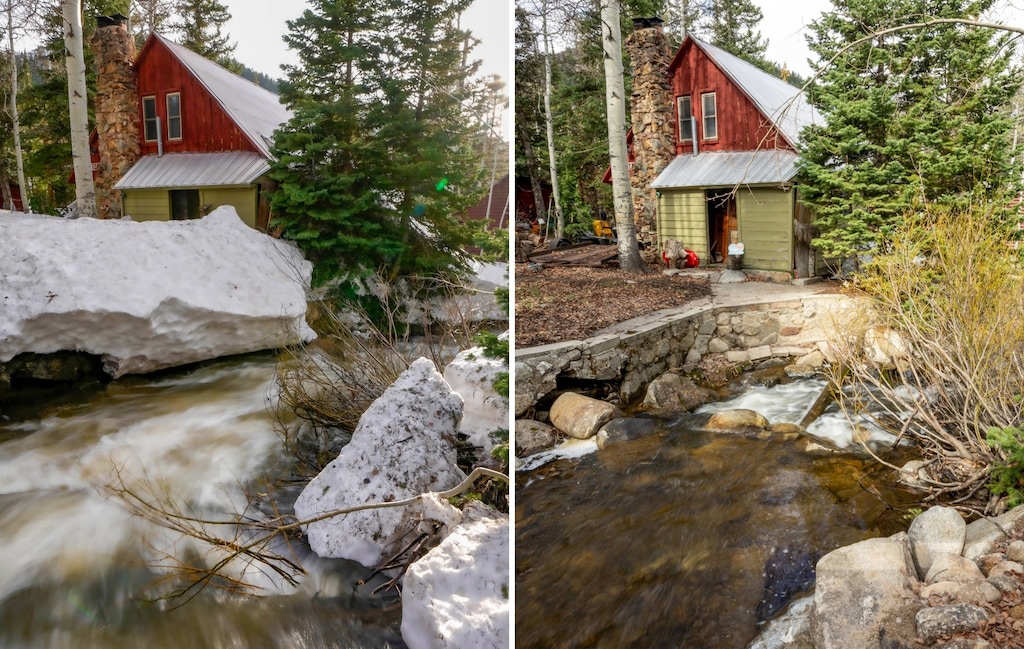 (Francisco Kjolseth; Trent Nelson | The Salt Lake Tribune) Snowpack around a cabin in Big Cottonwood canyon is shown in photographs in May 2023, left, and May 2026, right.