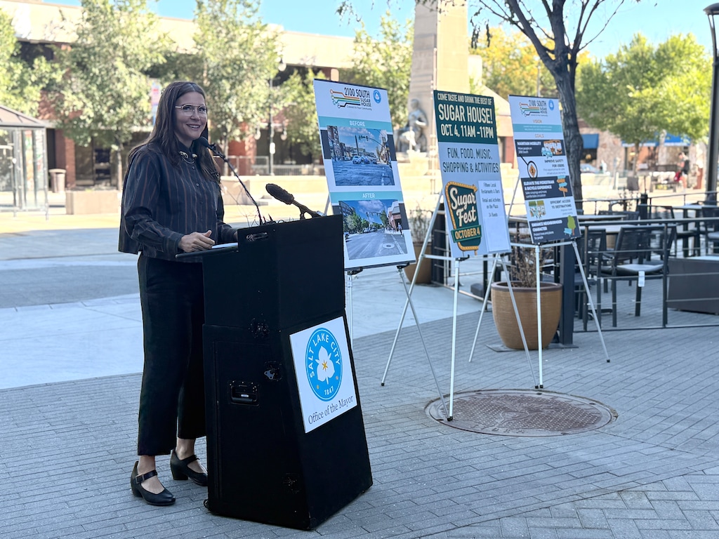 (Jordan Miller |The Salt Lake Tribune) Salt Lake City Mayor Erin Mendenhall announces the end of construction on 2100 South during a news conference on Thursday, Sept. 25.