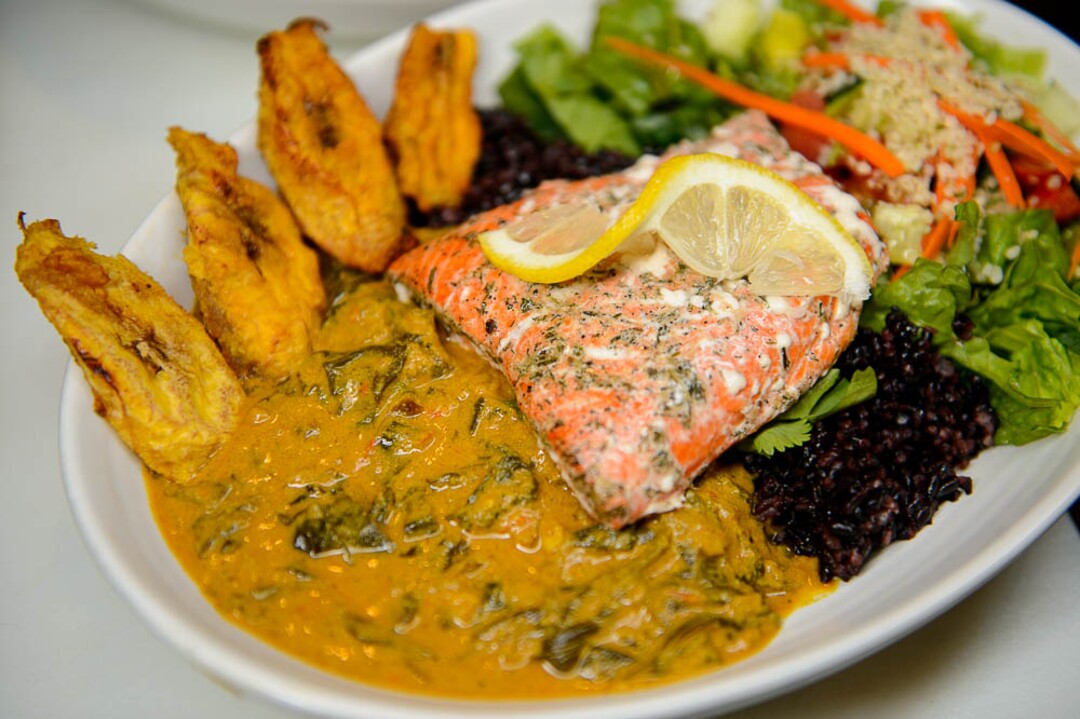 (Trent Nelson | The Salt Lake Tribune)
Rawtopia Living Cuisine, a Millcreek restaurant where most dishes are packed with raw or dehydrated vegetables. The original restaurant was located  in Sugar House, but restaurant owner Omar Abou-Ismail and his mother Jinan Abou-Ismail recently moved the business to Millcreek and added some cooked dishes and healthy meats to the menu, including salmon (pictured).