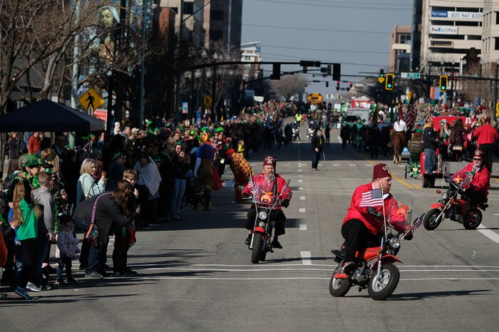 (Francisco Kjolseth | The Salt Lake Tribune) Members of the El Kalah Mini-Bike squad ride in formation while shamrocks and sunshine were aplenty as Salt Lake CityÕs Irish community celebrates their 41st annual St. PatrickÕs Day Parade with crowds lining up to take in the festivities.
