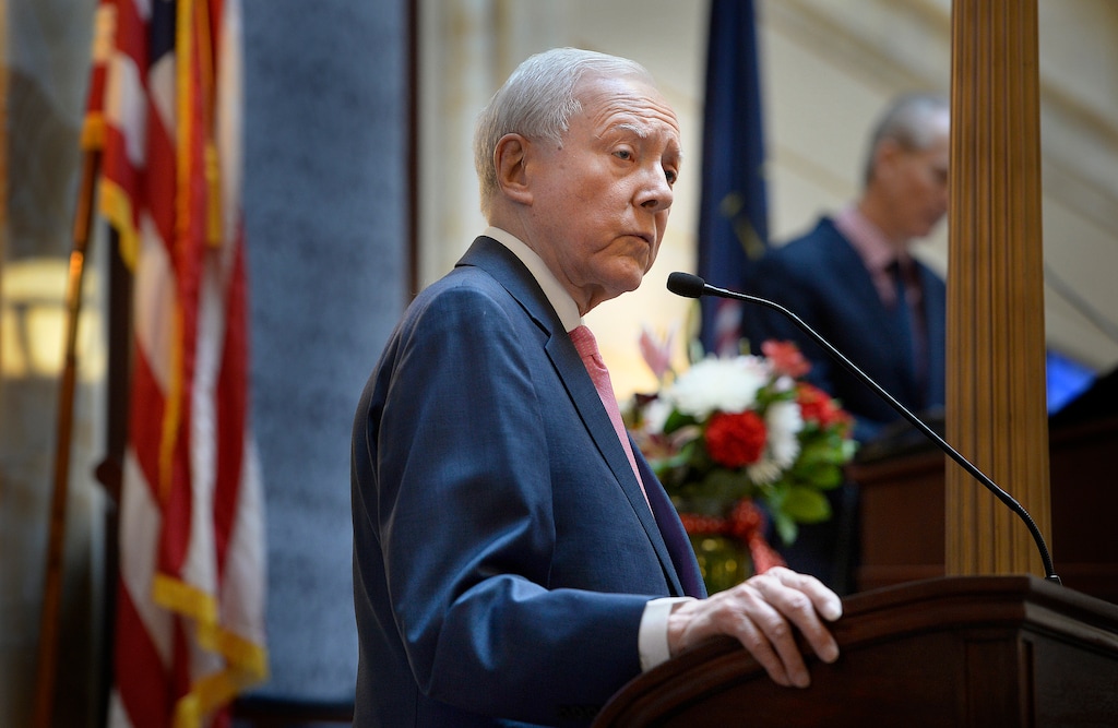 (Scott Sommerdorf | The Salt Lake Tribune) U.S. Senator Orrin Hatch, R-Utah, speaks in the Utah Senate, Wednesday, February 22, 2017.