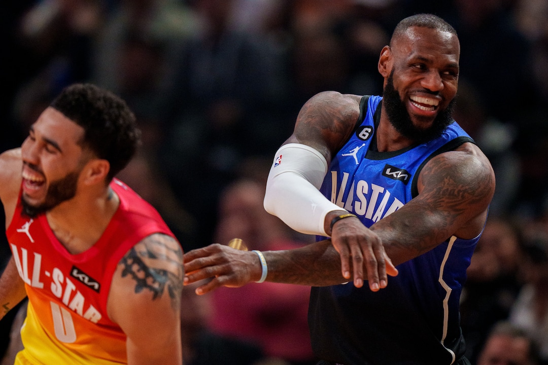 (Trent Nelson  |  The Salt Lake Tribune) LeBron James playfully shoves Jayson Tatum at the NBA All-Star Game in Salt Lake City on Sunday, Feb. 19, 2023.