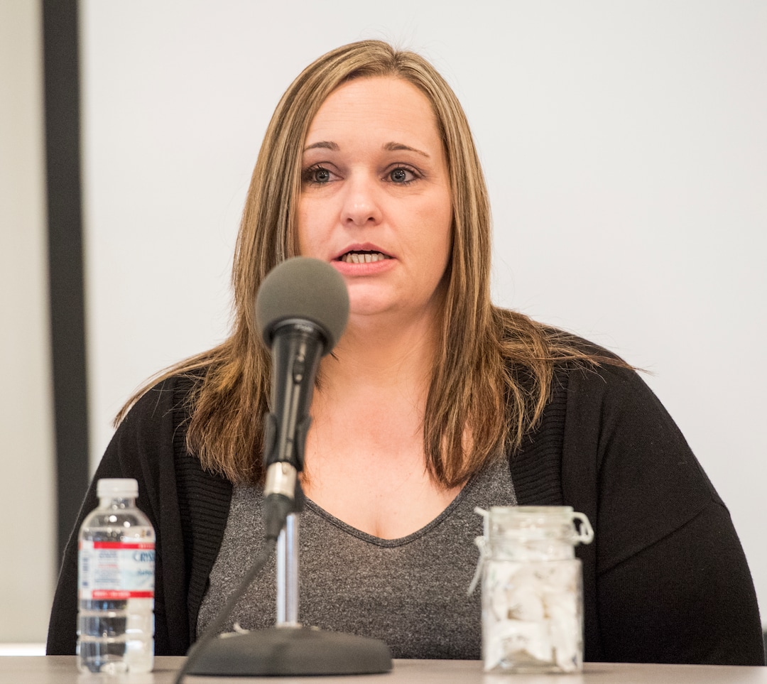(Rick Egan  |  The Salt Lake Tribune)       Brittney Garcia speaks as part of a survivors panel during the "Love Heals" forum on sex trafficking at St. Mark's Cathedral, Friday, March 23, 2018.
