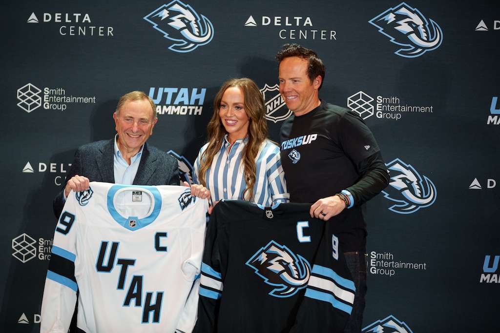 (Trent Nelson  |  The Salt Lake Tribune) NHL Commissioner Gary Bettman and Smith Entertainment Group co-founders Ryan and Ashley Smith announce the new name for Salt Lake City's NHL team, Utah Mammoth, in Salt Lake City on Wednesday, May 7, 2025.