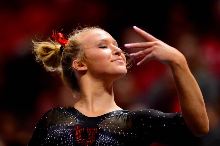 (Trent Nelson  |  The Salt Lake Tribune) Abby Paulson on the floor as the University of Utah hosts Arizona State, NCAA gymnastics in Salt Lake City on Friday, Jan. 24, 2020.