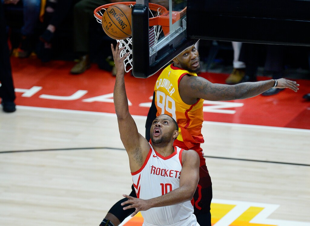 (Scott Sommerdorf | The Salt Lake Tribune)
Utah Jazz forward Jae Crowder (99) looks back to see Houston Rockets guard Eric Gordon (10) make a reverse layup during first half play. The Houston Rockets led the Utah Jazz 70-40 at the half of game 3, Friday, May 4, 2018.