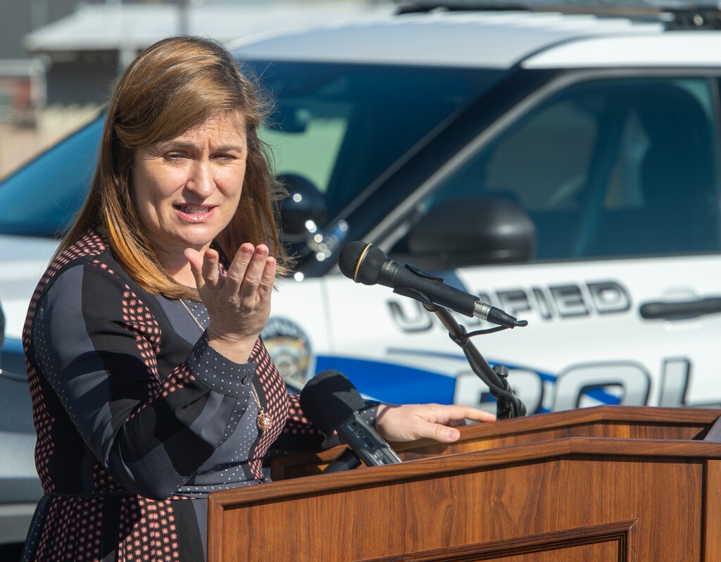 (Rick Egan  |  The Salt Lake Tribune)     Salt Lake County Mayor, Jenny Wilson, announces the new Salt Lake County clean air initiatives, during a news conference in front of the Salt Lake County Sheriff's Office, Wednesday March 4, 2020