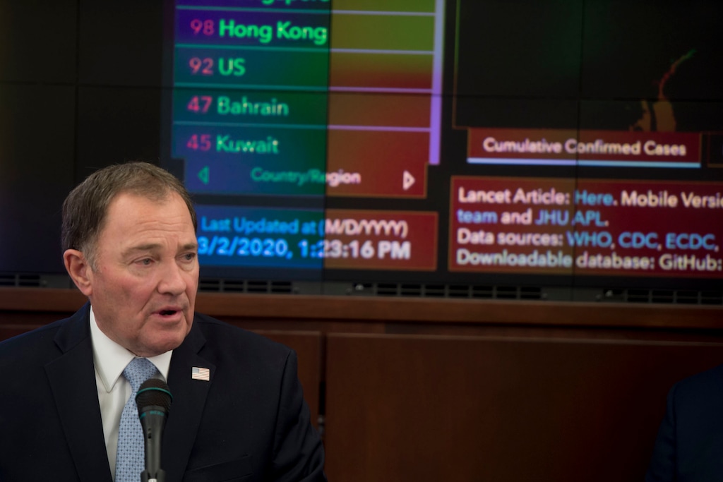 (Jeremy Harmon  |  The Salt Lake Tribune) Gov. Gary Herbert talks about what the state is doing in case of a coronavirus outbreak in Utah during a new conference at the State Capitol on Monday, March 3, 2020.