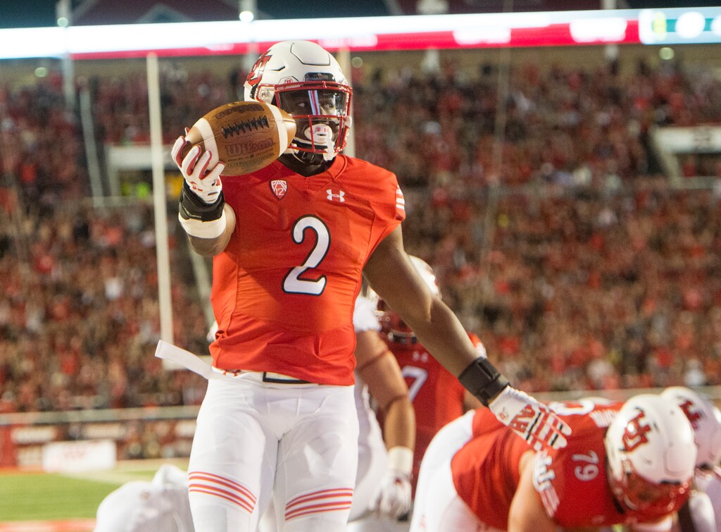 (Rick Egan  |  The Salt Lake Tribune)Utah running back Zack Moss (2) scores the first touchdown for the Utes  in PAC-12 football action, Utah Utes vs. Stanford Cardinals, at Rice-Eccles Stadium, Saturday, October 7, 2017.