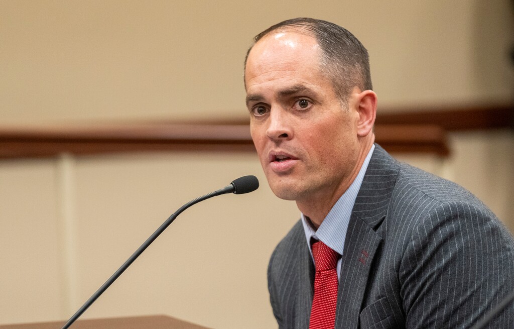 (Rick Egan | The Salt Lake Tribune)  Resolution sponsor, Sen. Mike McKell discusses SR1, during the Senate Business and Labor Committee meeting, which will limit media access to the Senate floor and committee rooms, at the Capitol, on Wednesday, Feb. 9, 2022.
