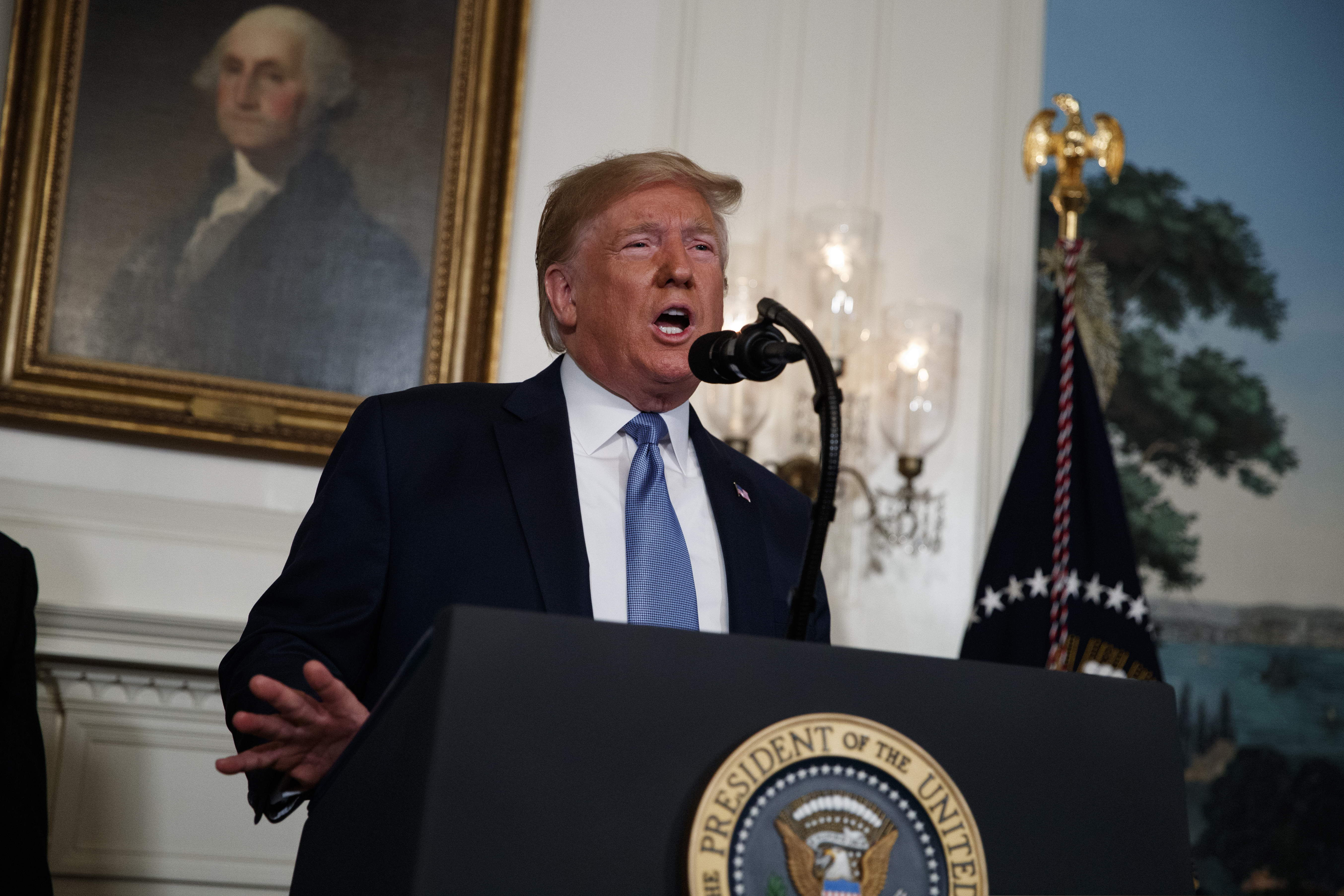 (Evan Vucci | AP file photo) President Donald Trump speaks about the mass shootings in El Paso, Texas and Dayton, Ohio, in the Diplomatic Reception Room of the White House, Monday, Aug. 5, 2019, in Washington.