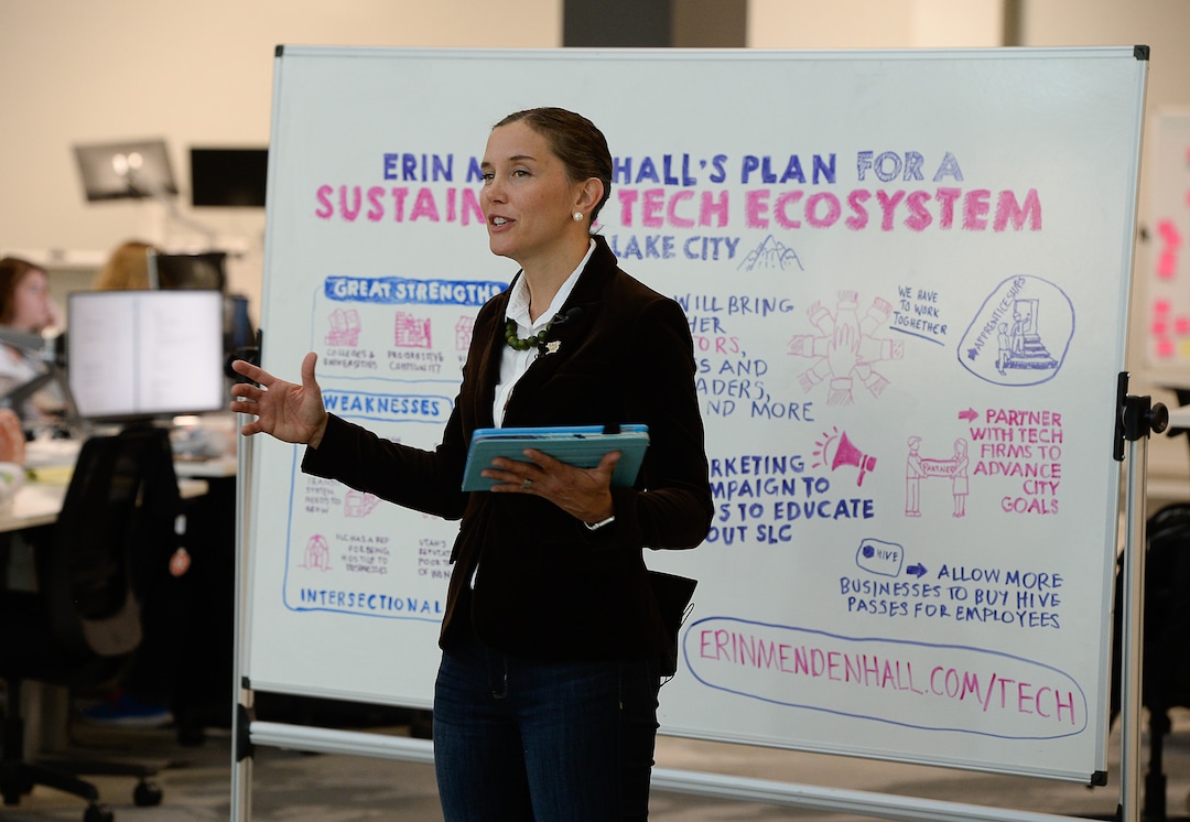 (Francisco Kjolseth  |  The Salt Lake Tribune)  Salt Lake City mayoral candidate Erin Mendenhall, unveils her tech ecosystem plan following a tour of Recursion Pharmaceuticals at The Gateway on Monday, Oct. 7, 2019.