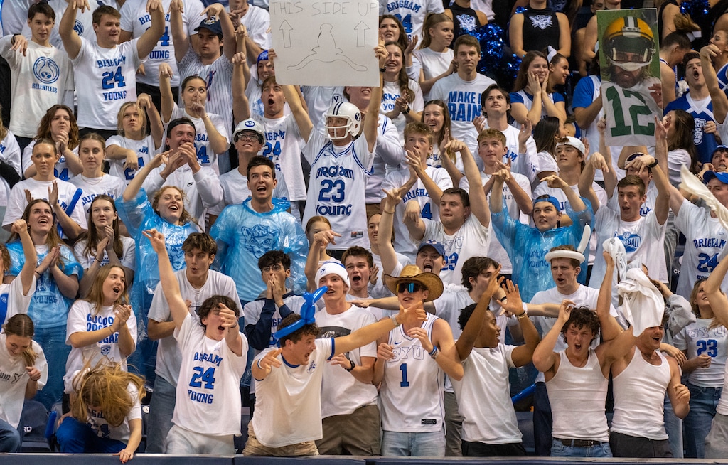 (Rick Egan | The Salt Lake Tribune) Brigham Young fans react as the Cougars extend their lead in the second half,  in basketball action between the Brigham Young Cougars and the Texas Longhorns, at the Marriott Center, on Saturday, Jan. 27, 2024.