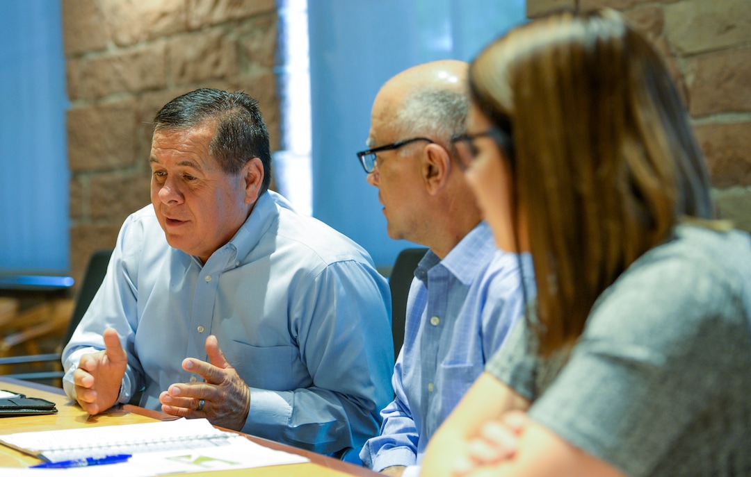 (Leah Hogsten  |  The Salt Lake Tribune) l-r Darren Parry, chairman of the Northwestern Band of the Shoshone Nation and architects David Garce and Baylee Lambourne with GSBS Architects, give details about the Boa Ogoi Cultural & Interpretive Center,Tuesday, May 8, 2018. The Northwestern Band of the Shoshone Nation's interpretive center, located near Franklin, ID will educate and enlighten the public about the history of the Northwestern Shoshone Band, their life ways, enduring spirit and the 1863 Bear River Massacre, the single largest mass killing of Native Americans in United States history.