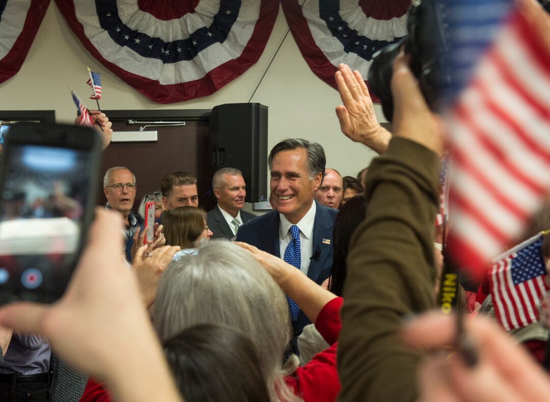 (Rick Egan  |  The Salt Lake Tribune)   Mitt Romney makes his way to the stage to give his victory speech, at the Romney Headquarters, in Orem, on election night, Tuesday, Nov. 6, 2018.