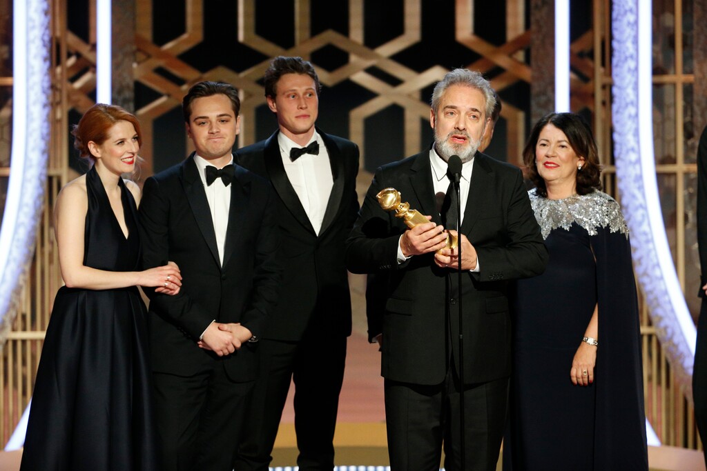 (Paul Drinkwater | NBC via AP) Filmmaker Sam Mendes accepts the award for best motion picture drama for "1917" at the 77th Annual Golden Globe Awards at the Beverly Hilton Hotel in Beverly Hills, Calif., on Sunday, Jan. 5, 2020.